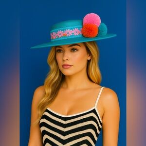 New Kentucky Derby Hat Turquoise Oaks Wide Brim Sinamay Boater Pom Pom Band Hat